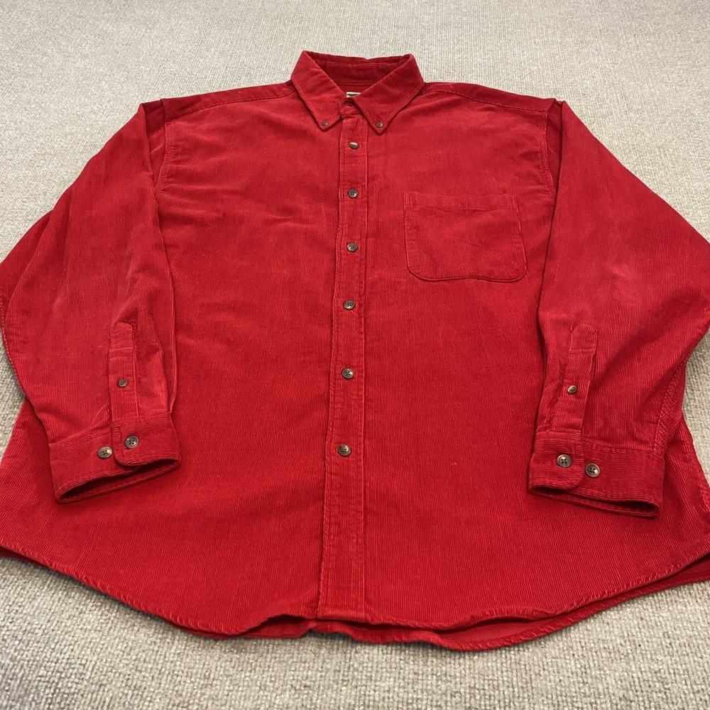 Vintage Eddie Bauer Corduroy Shirt Men L Red Button Pocket Outdoor 90s Hong Kong